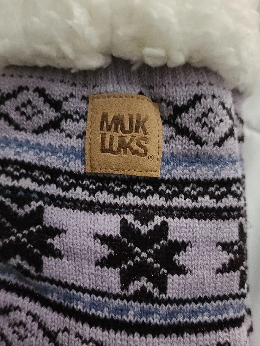 MUK LUKS Lavender and Black Snowflake Sherpa Lined Cabin Socks